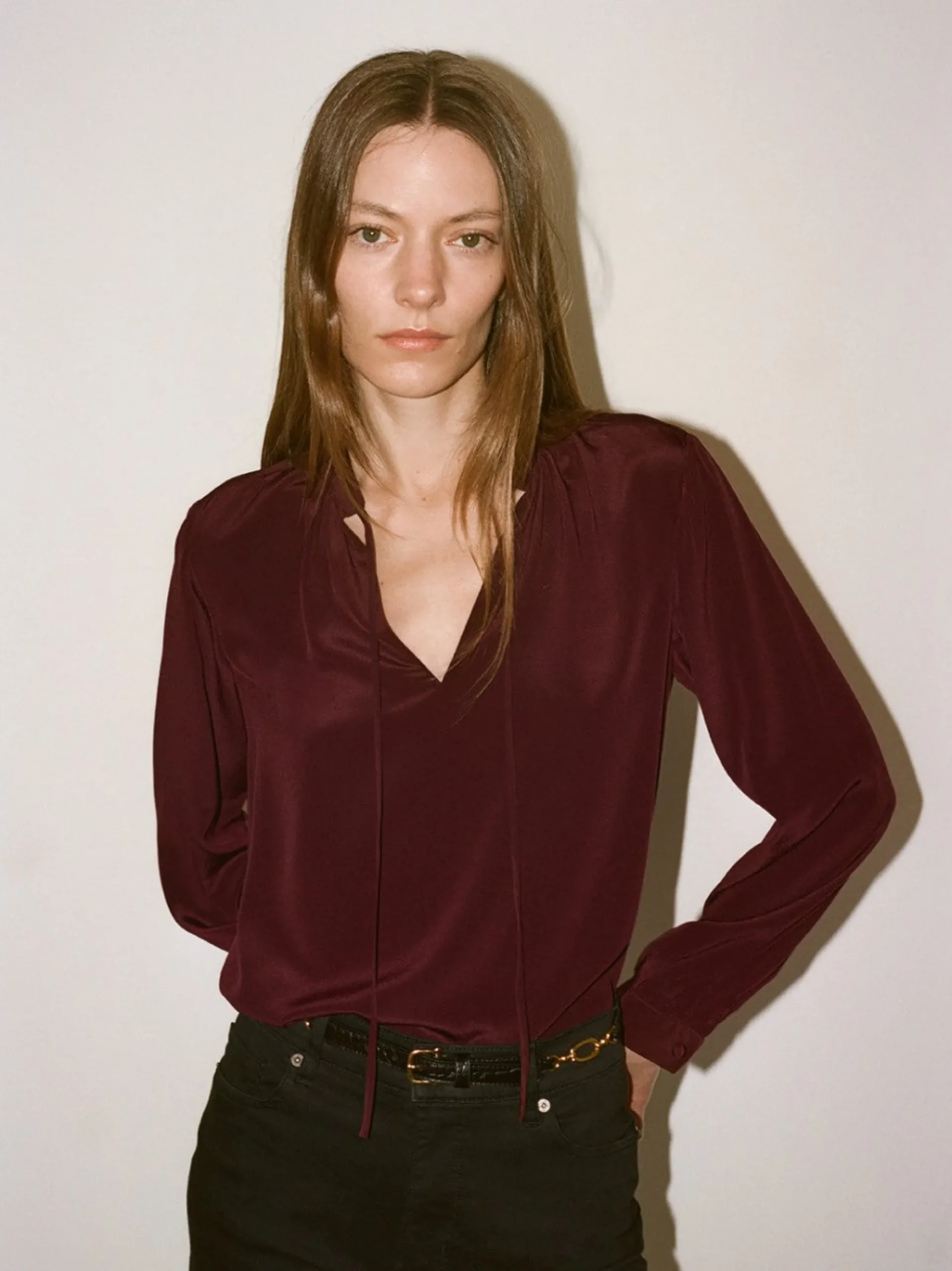 Shirred Tie Front Blouse in Wine