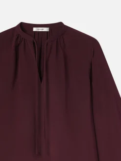Shirred Tie Front Blouse in Wine