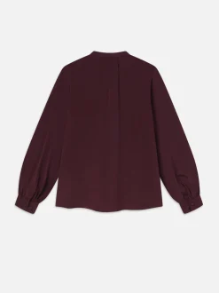 Shirred Tie Front Blouse in Wine