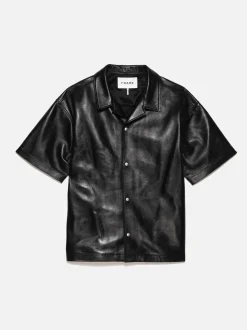 Short Sleeve Leather Camp Shirt in Black