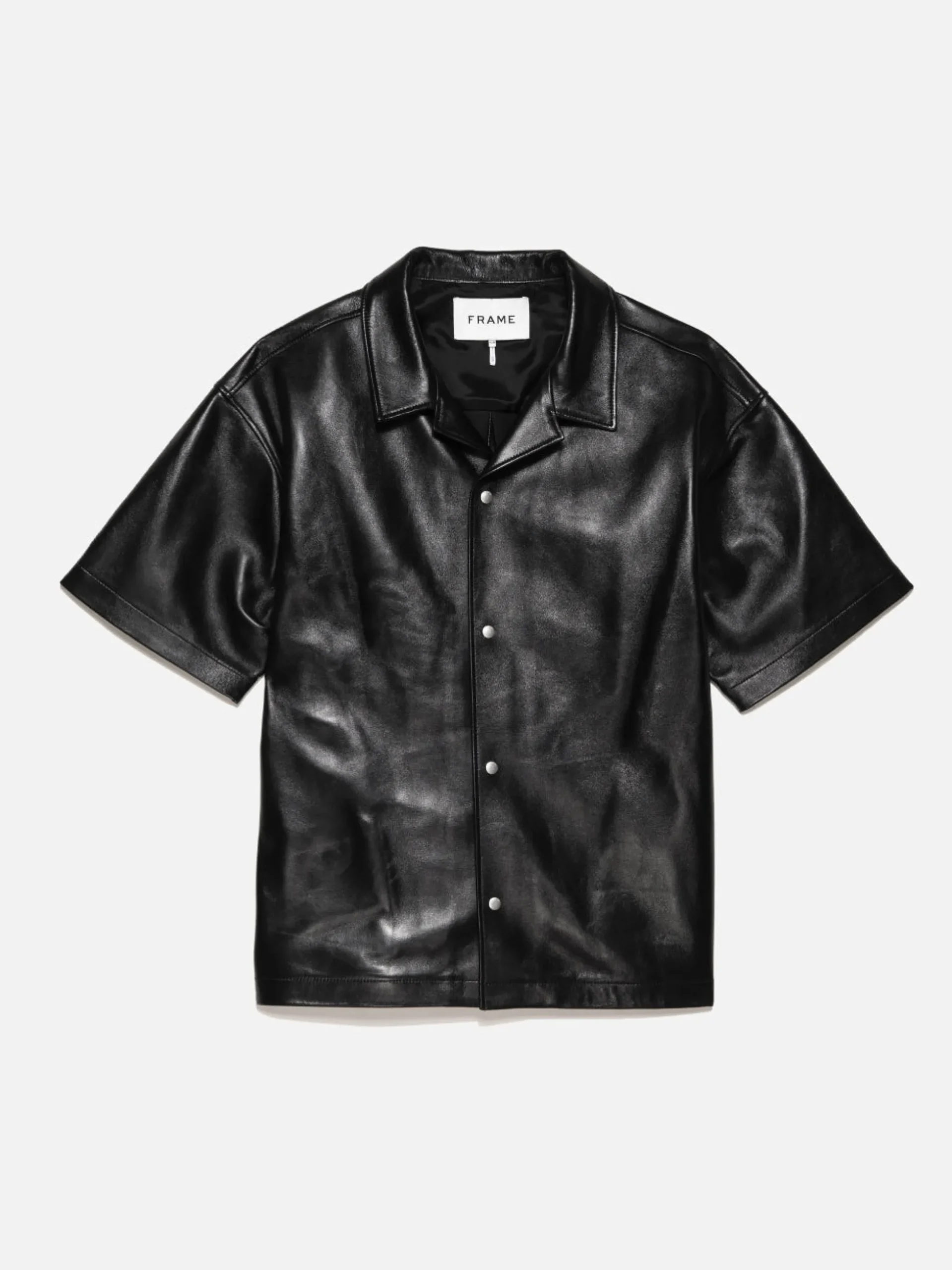 Short Sleeve Leather Camp Shirt in Black