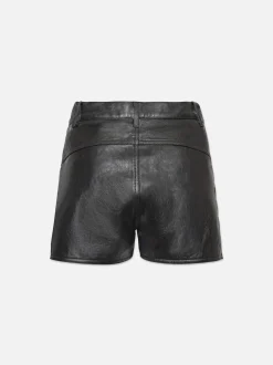 Side Slit Leather Short in Black