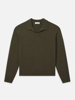 Silk Blend Polo Sweater in Dark Olive