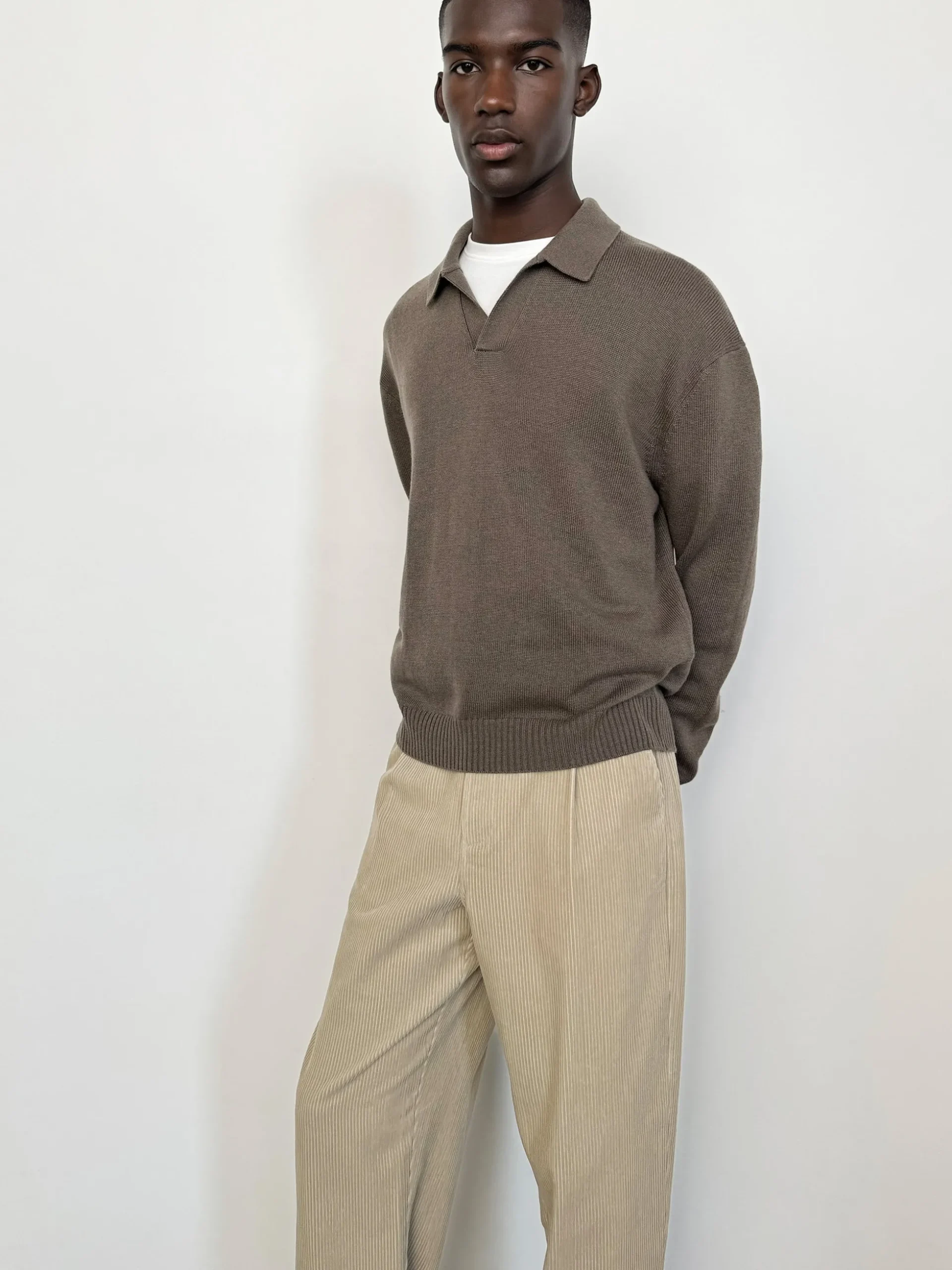 Silk Blend Polo Sweater in Soft Mocha