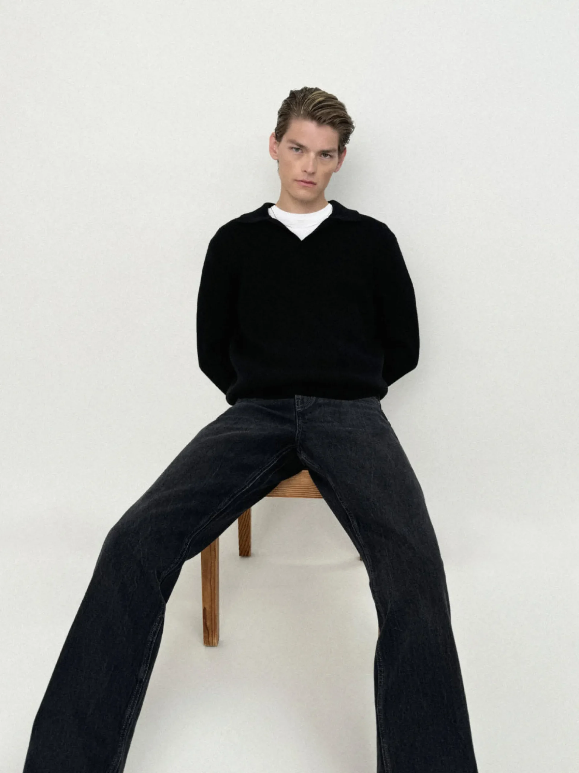 Silk Blend Polo Sweater in Black