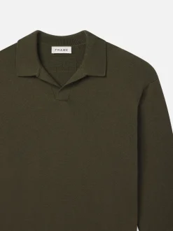 Silk Blend Polo Sweater in Dark Olive