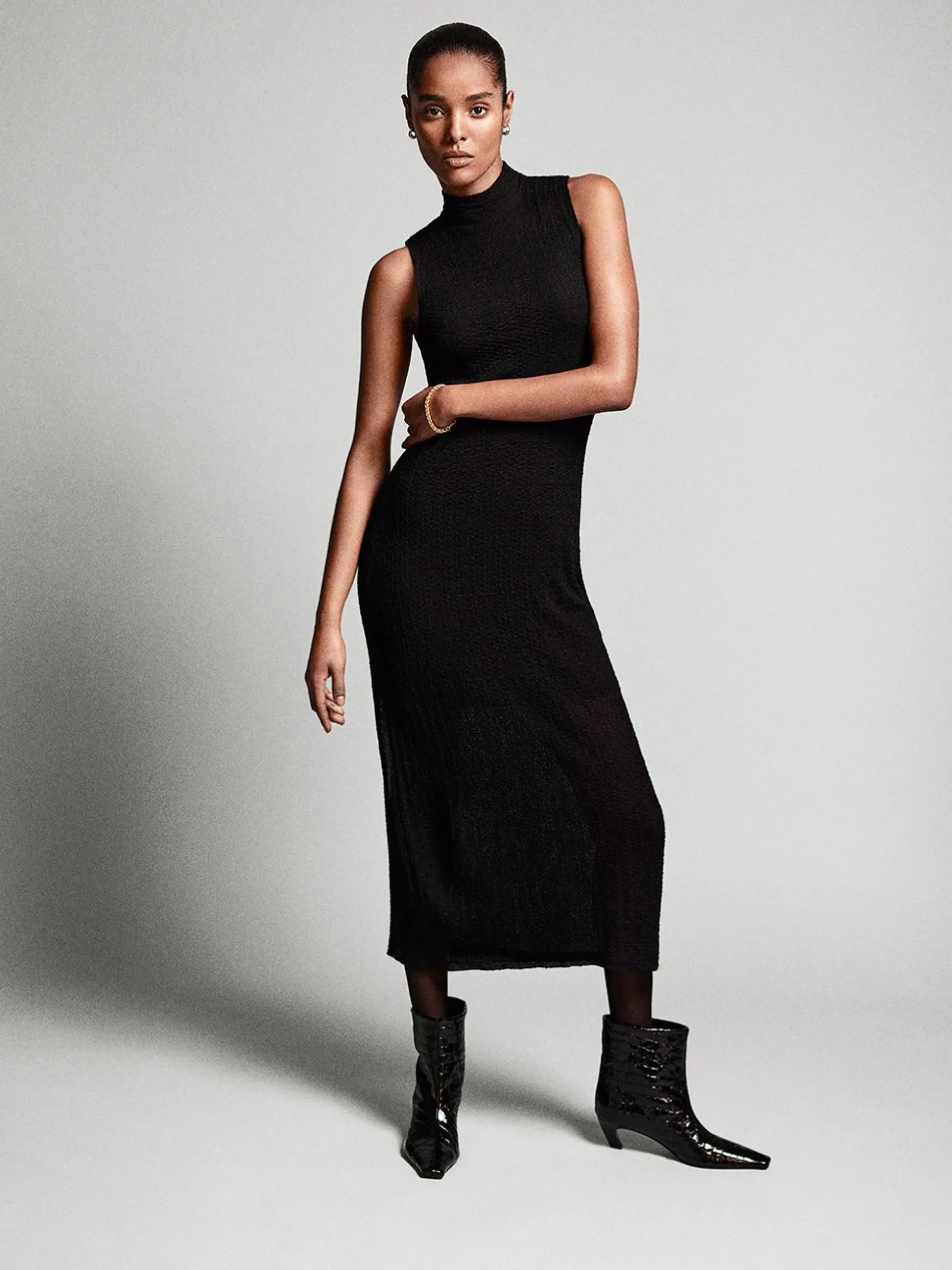 Sleeveless Mesh Mock Neck Dress in Black