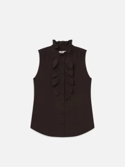 Sleeveless Ruffle Front Blouse in Espresso