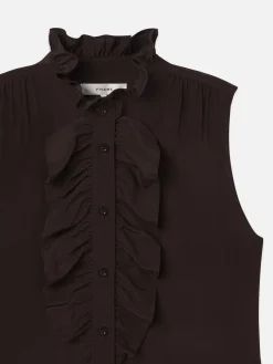 Sleeveless Ruffle Front Blouse in Espresso
