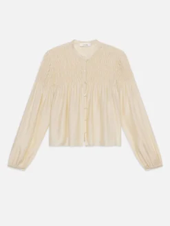 Smocked Collarless Blouse in Champagne