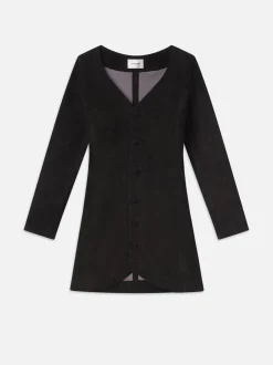 Suede Button Front Mini Dress in Black