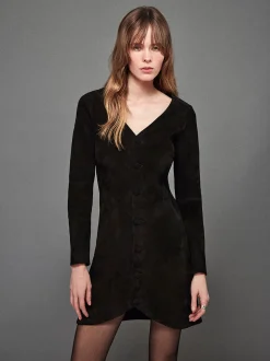 Suede Button Front Mini Dress in Black