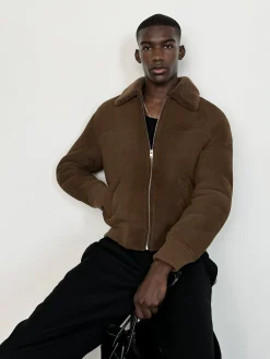 Suede Shearling Bomber in Dark Camel