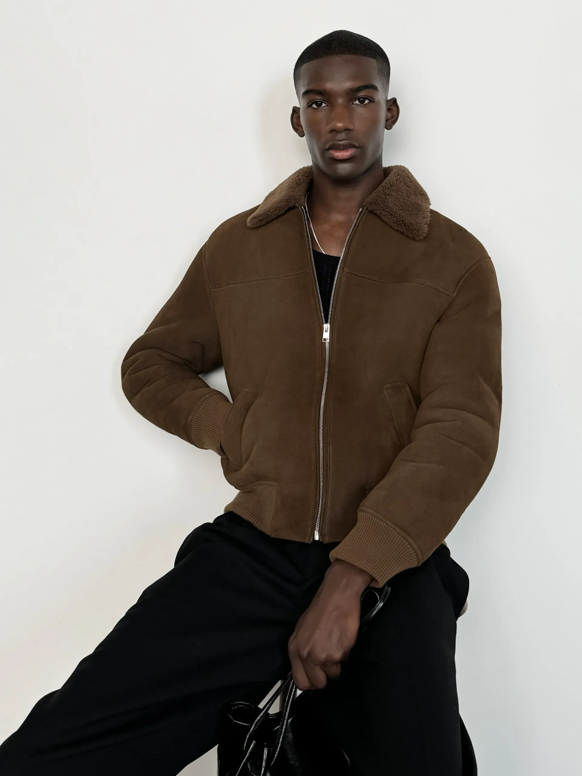 Suede Shearling Bomber in Dark Camel