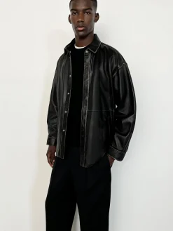 Washed Leather Shirt in Black Washed
